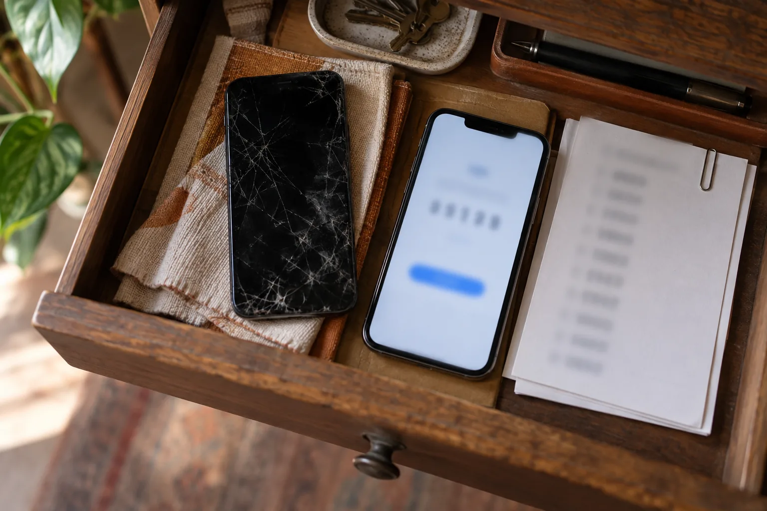 Desk drawer holding a cracked old phone, a new phone on a six-digit code screen and a printed sheet of backup codes