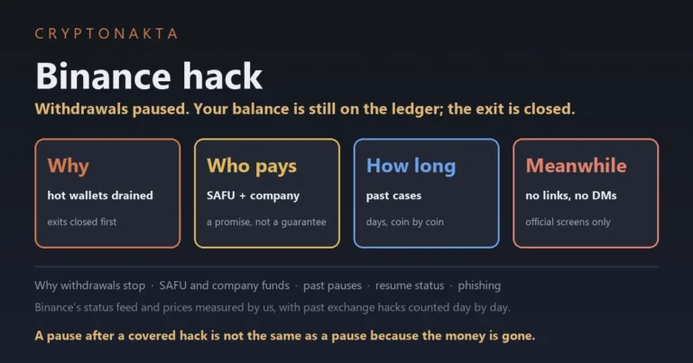 Cover image for a guide to the Binance hack and withdrawal pause: why withdrawals stop after an exchange hack, how SAFU and company funds cover losses, how long past pauses lasted and how to check when withdrawals resume - Cryptonakta