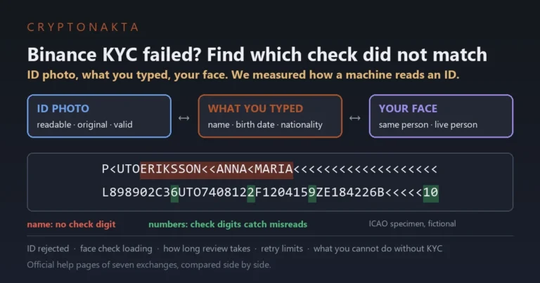 Cover image for an article on Binance KYC verification failures. Three boxes show what a check compares: the ID photo, the details you typed and your face. Below them, the two machine-readable lines of an ICAO specimen passport for a fictional person, with the name field marked as having no check digit and the number fields marked with check digits - Cryptonakta