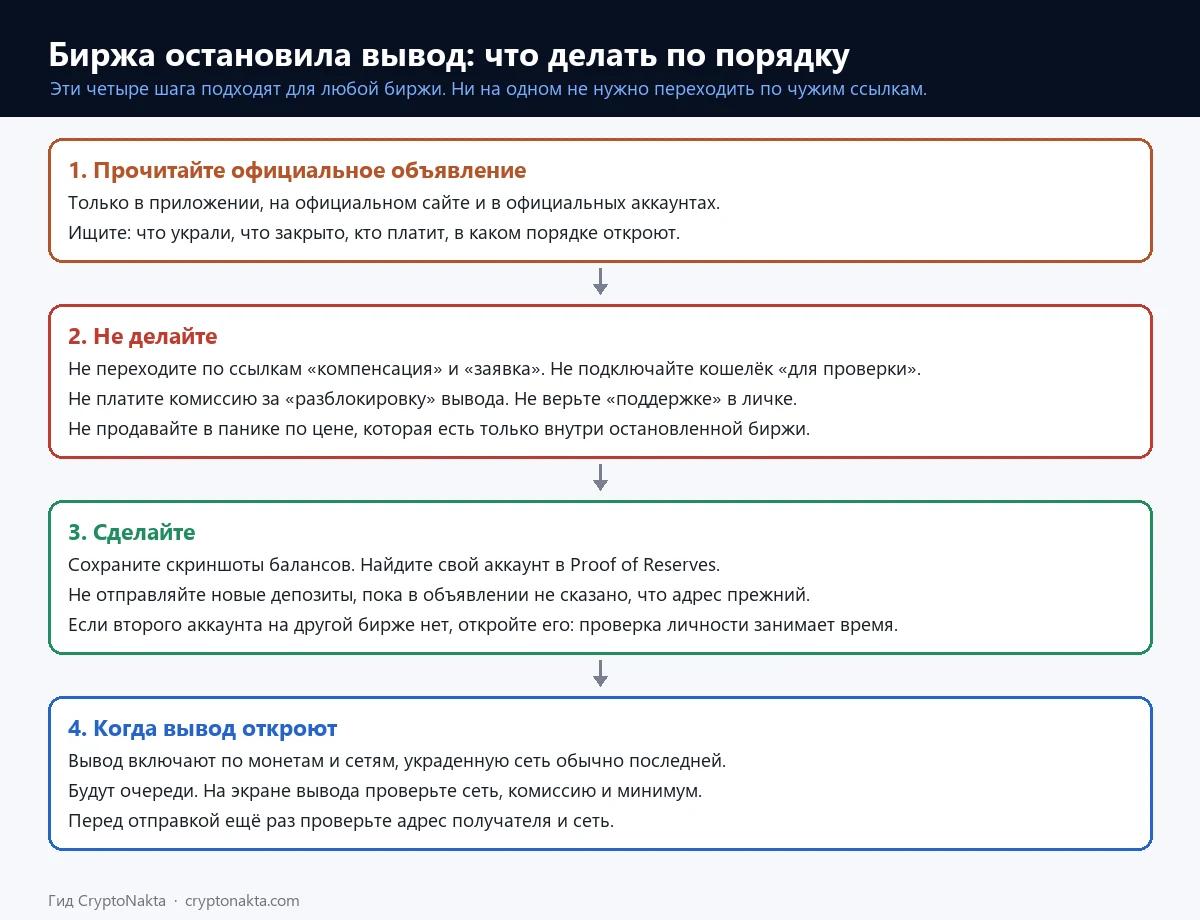 Четыре шага, если биржа остановила вывод: официальное объявление, чего не делать, что сделать, проверка при открытии