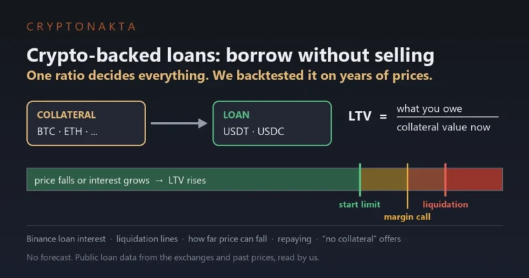 Cover image for an article on crypto-backed loans. Coins locked as collateral turn into a stablecoin loan, and a bar shows the loan-to-value ratio rising past three lines: the start limit, the margin call and liquidation. The article covers Binance loan interest, liquidation lines, how far the price can fall, repaying and offers of loans without collateral - Cryptonakta