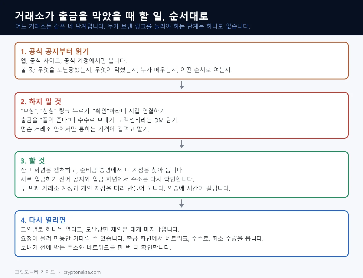 거래소가 출금을 막았을 때 공식 공지 확인, 하지 말 것, 할 것, 재개된 뒤 확인할 것을 차례로 보여 주는 순서도