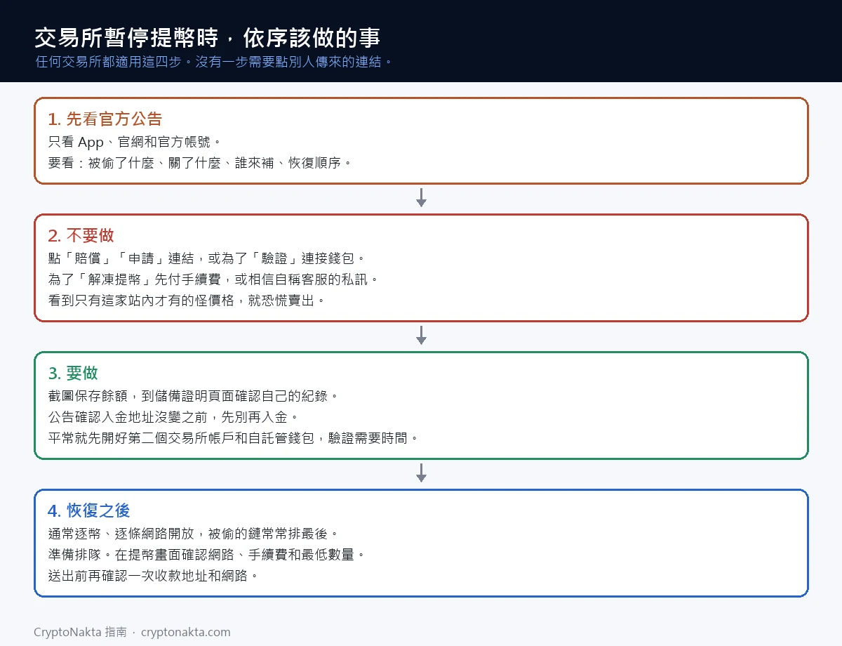 交易所暫停提幣時依序該做的事：先看官方公告、不要做、要做、恢復之後