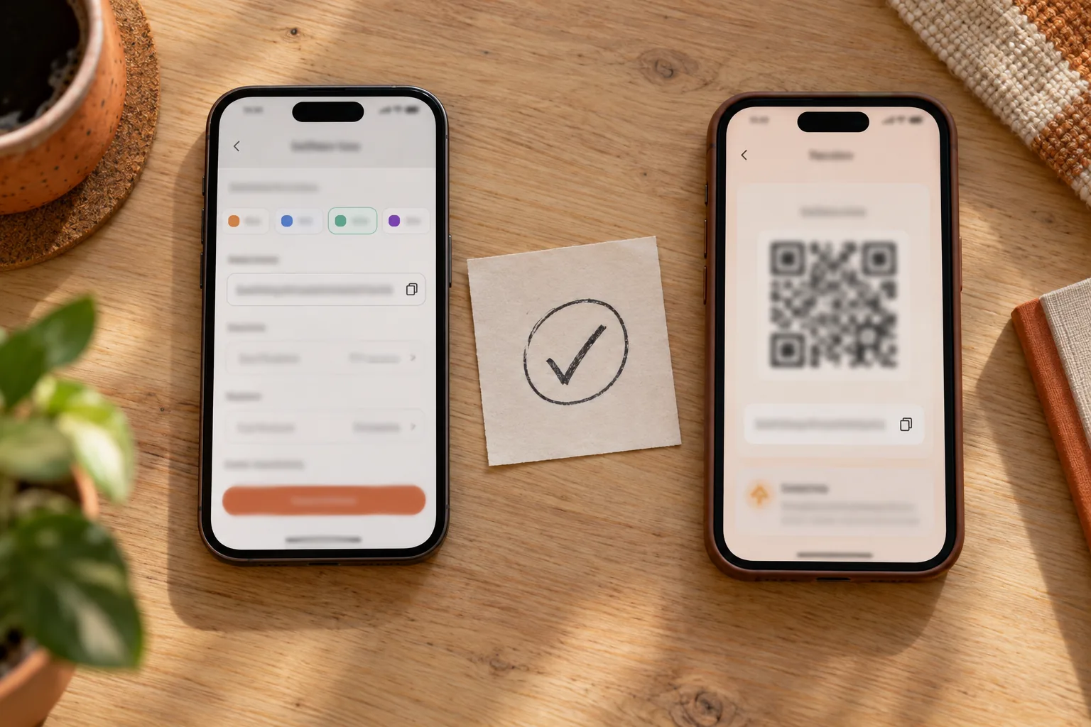 Two phones on a wooden desk, one on an exchange withdrawal screen with network chips and an address field, the other showing a wallet receive QR code Two phones on a wooden desk, one on an exchange withdrawal screen with network chips and an address field, the other showing a wallet receive QR code