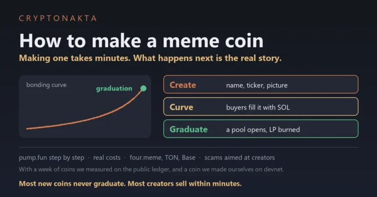 Cover image for a guide to making a meme coin: creating a coin on pump.fun, how the bonding curve fills up to graduation, and what we measured about the coins that get made - Cryptonakta