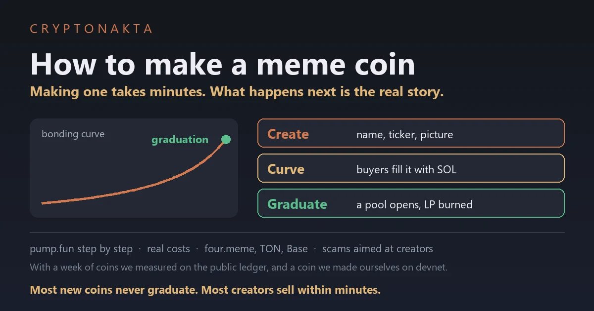 Cover image for a guide to making a meme coin: creating a coin on pump.fun, how the bonding curve fills up to graduation, and what we measured about the coins that get made - Cryptonakta