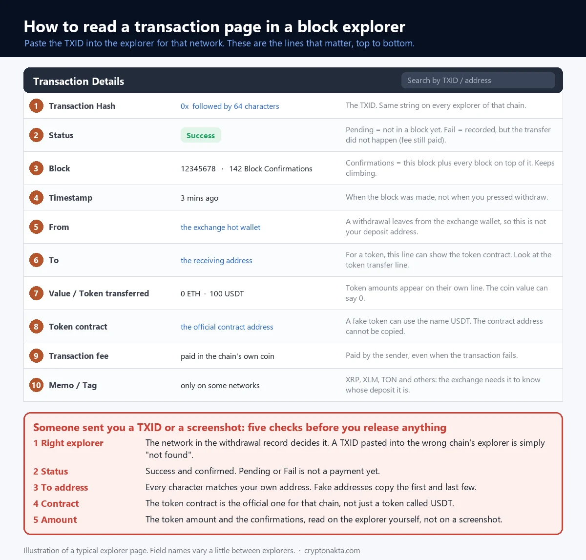 Tela de uma transação num explorador de blocos com os campos numerados: hash, status, bloco e confirmações, horário, endereço de envio, endereço de destino, quantia e token, contrato do token, taxa e memo. Ao lado, as conferências antes de confiar num TXID ou print enviado por outra pessoa.