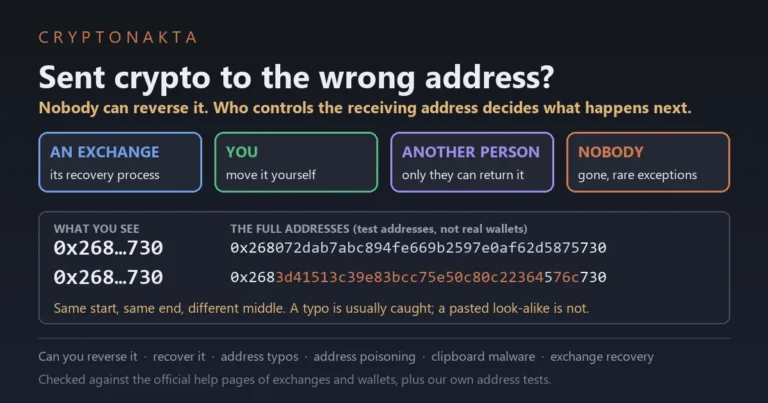 Cover image for an article on crypto sent to the wrong address. Four boxes sort the receiving address by who controls it: an exchange, you, another person, or nobody. Below them, two look-alike test addresses that match at the start and the end look identical when the middle is cut, and differ when the full address is shown - Cryptonakta
