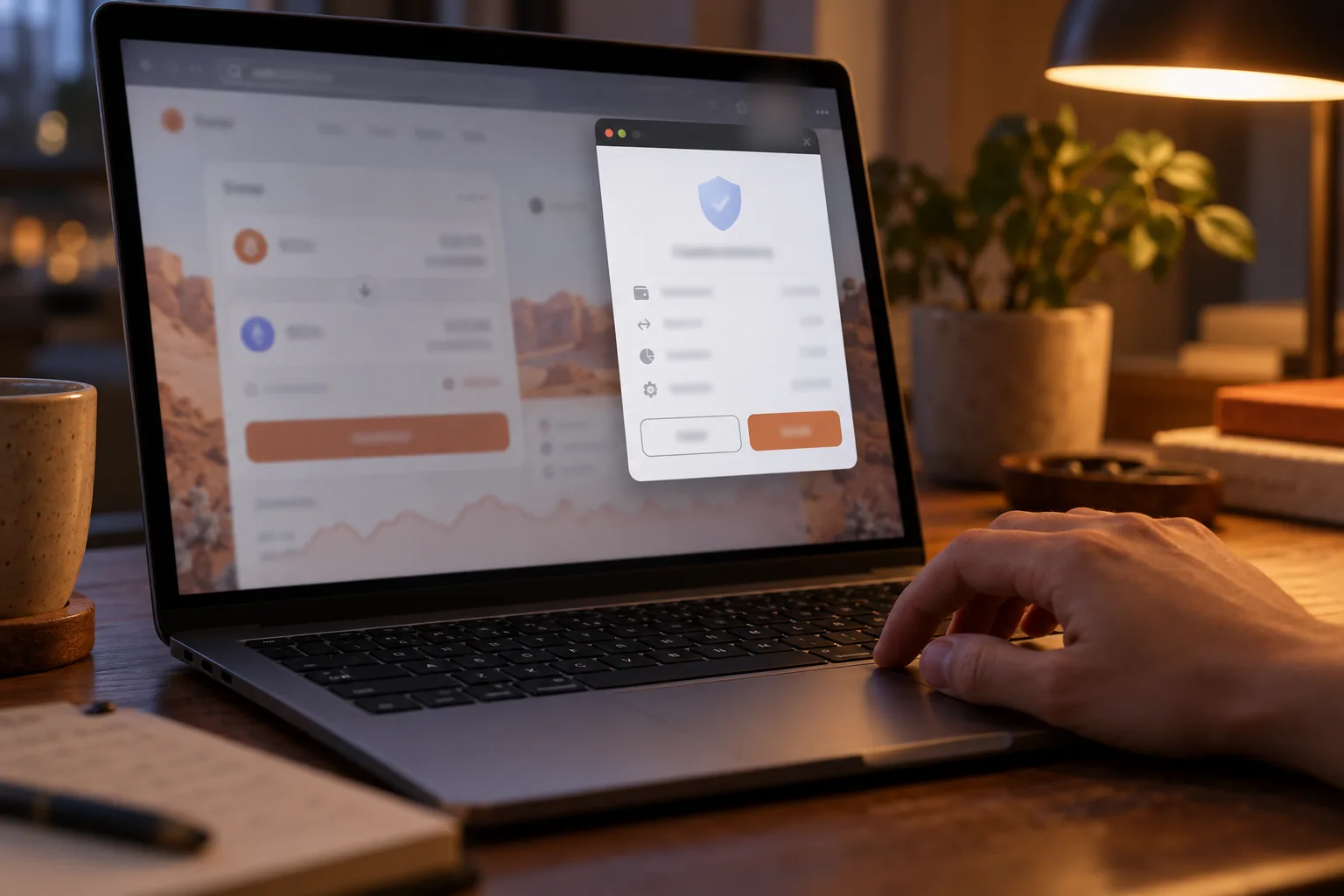 A laptop with a swap page open and a wallet pop-up in front of it showing a shield icon and two buttons, a hand resting on the trackpad A laptop with a swap page open and a wallet pop-up in front of it showing a shield icon and two buttons, a hand resting on the trackpad