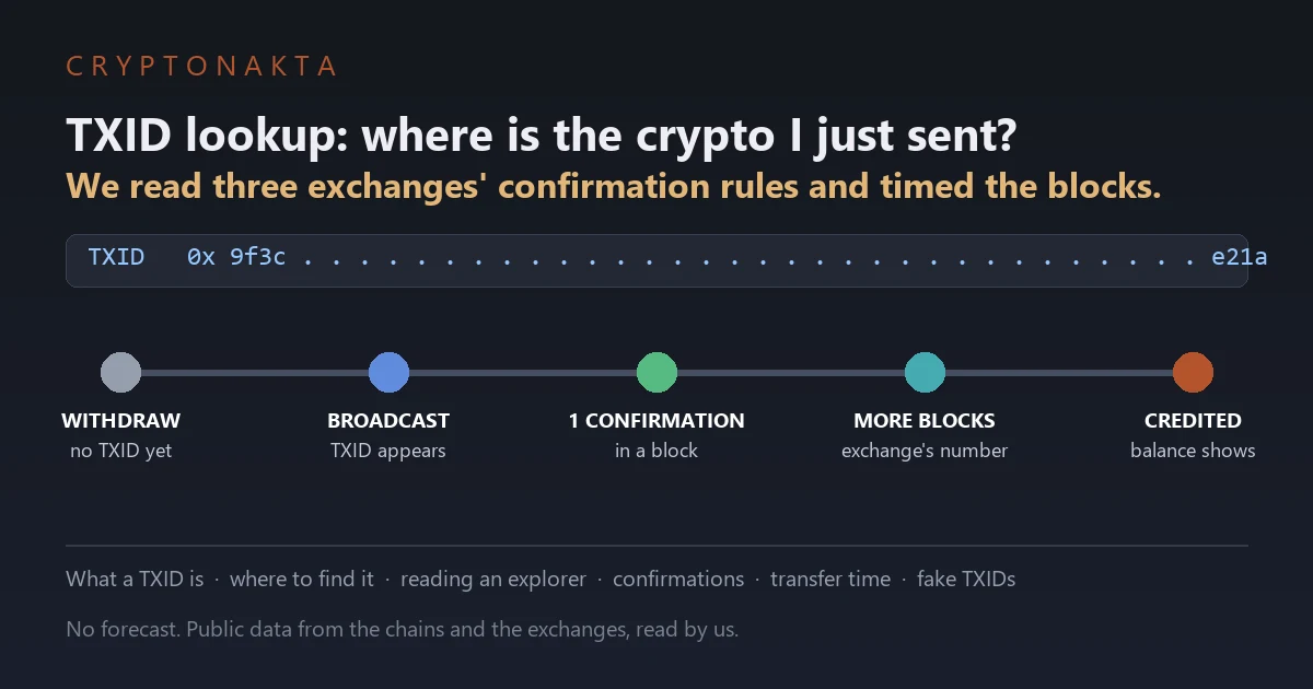 Cover image for an article on TXID lookup. A transaction ID line sits above a five-step timeline of a crypto transfer: withdraw, with no TXID yet; broadcast, when the TXID appears; one confirmation, once a block includes it; more blocks, until the exchange's required number; and credited, when the balance shows. The article covers what a TXID is, where to find it, reading a block explorer, confirmations, transfer time and fake TXIDs - Cryptonakta