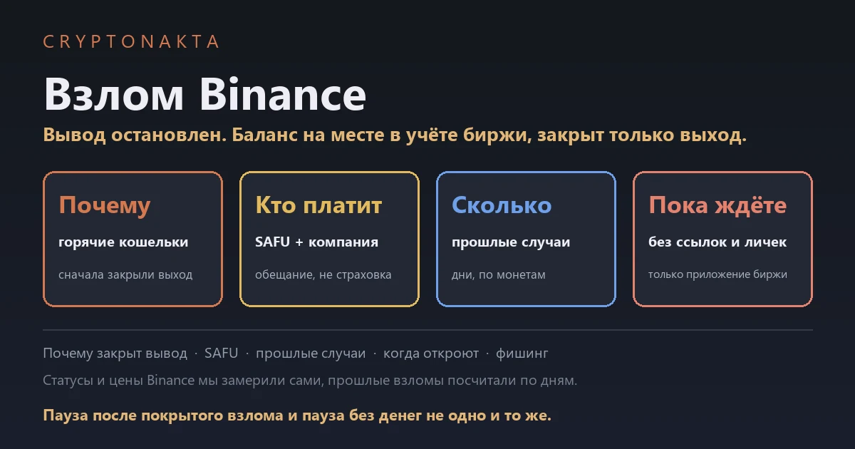 Обложка гида о взломе Binance и остановке вывода: почему закрывают вывод, компенсация из SAFU и средств компании, сколько длились прошлые паузы, как проверить возобновление - CryptoNakta